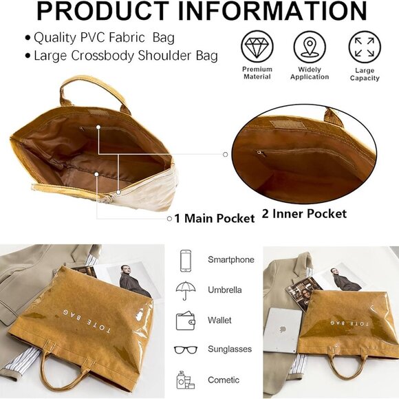 Women's Large PVC Tote Bag Letters Print Handbags Kraft Paper Shoulder Bag Clear - Picture 3 of 6